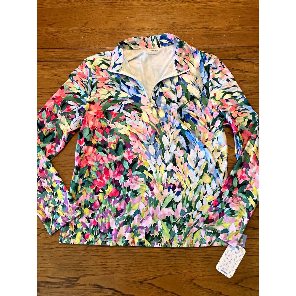 Acegolfs Women’s Golf Polo L Floral Multicolor 1/4 Zip UPF 50+ Mock Neck
